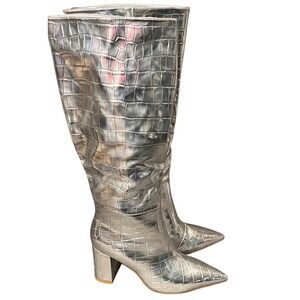 Womens Silver Crocodile Embossed Knee High Boots Pointed Toe‎ Block Heel
